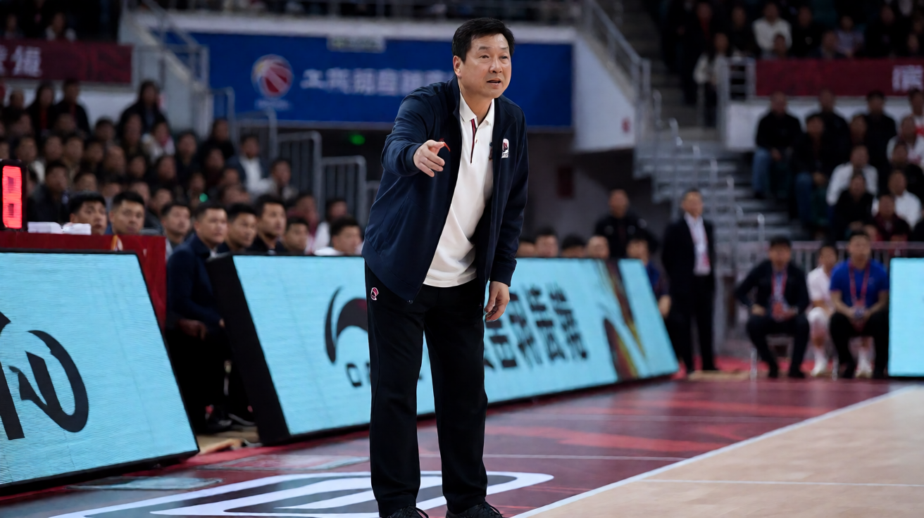 篮球教练在场边指挥比赛的专注神情