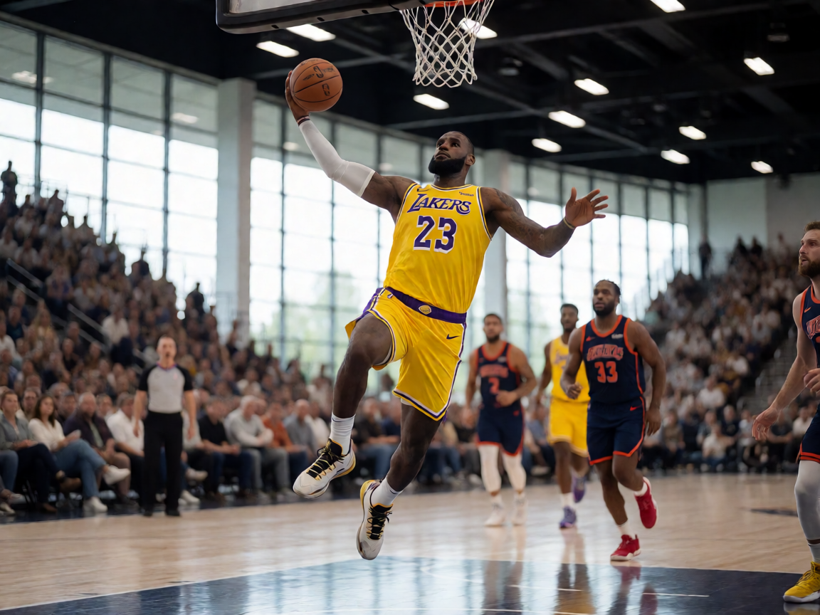 NBA湖人队詹姆斯在比赛中突破上篮的精彩瞬间